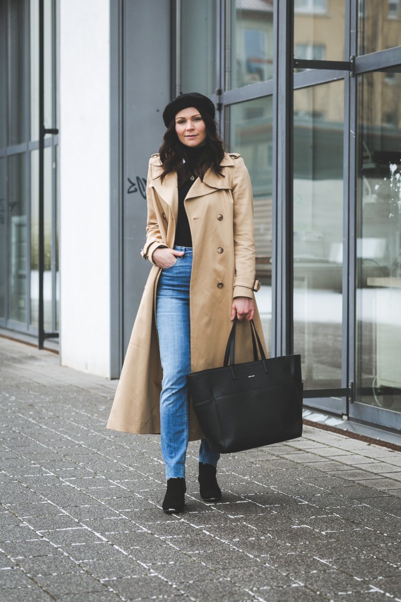 Fruehlings Outfit mit Trenchcoat, edited boots, Matt & Nat Baxter Tasche, Winter Outfit mit Trenchcoat, Outfit Ideen, Outfit mit Trenchcoat, Übergangsoutfit, Modetrend Winter, Modetrend Frühling, Stiefeletten, www.kleidermaedchen.de, Modeblog, Mode Blog, Erfurt, Thüringen, Fashion Blog, Magazin, Blogazine, Influencer Marketing und Kommunikation, Social Media Marketing, Fashion Magazin, Outfit Blog, Outfit 2018, Streetstyle, Pinterest Outfit Inspiration, asos farleigh jeans, rollkragenpullover, mom jeans, Baskenmütze