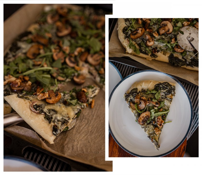 #Vegane #Pizza mit Spinat, Walnüssen und Pilzen. Auf dem #Foodblog bereiten wir selbstgemachte Pizza zu, ich verrate dir, wie es geht. www.kleidermaedchen.de