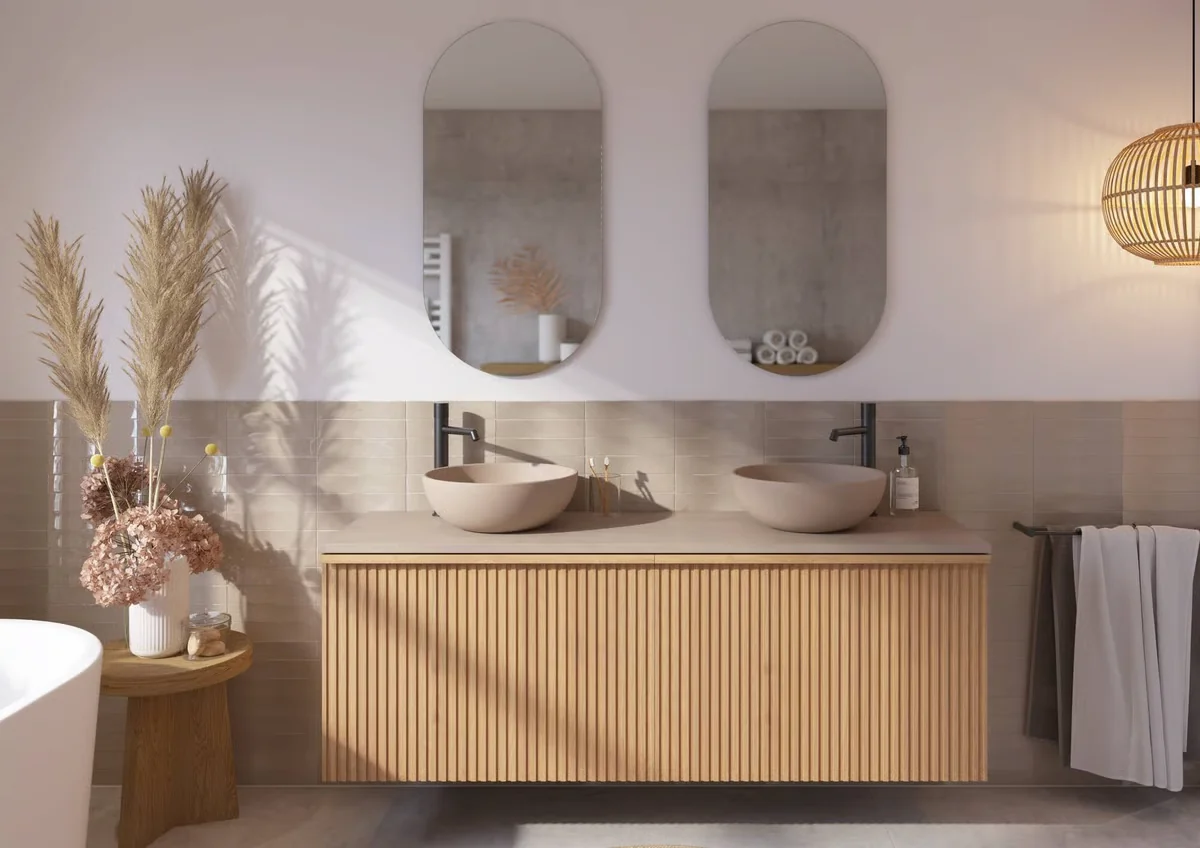 Modern wooden bathroom furniture set with vanity unit and plenty of storage space.